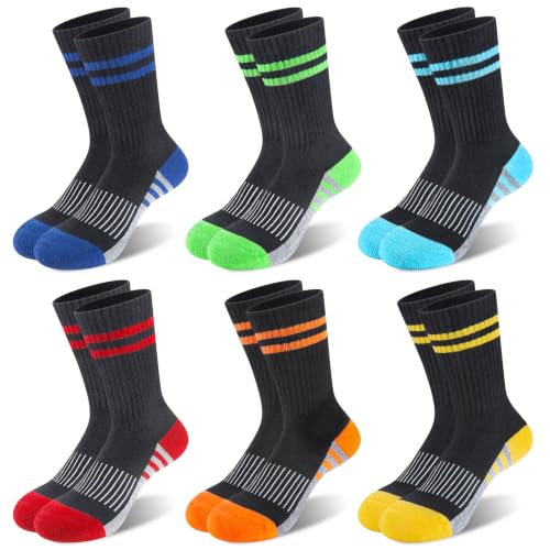 Saracat Boys 100% Cotton Cushioned Crew Socks Large-X-Large, 6 Pairs Multicolor — Athletic Crew Socks