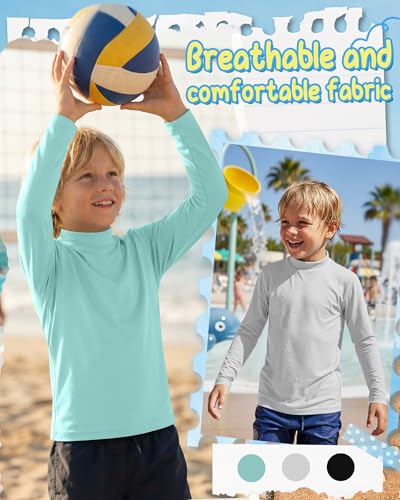 Boys Rash Guard Swim Shirts - 3 Pack, 13-14 Years - Black, Mint Green, Light Gray