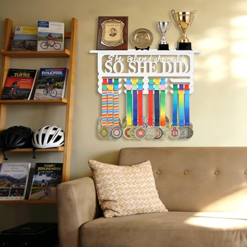Wall-Mounted Medal Holder - Holds Up to 50 Medals - She Believed with Shelf - White