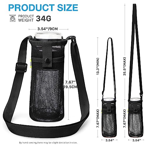 Mesh Water Bottle Holder with Pocket and Strap - Small, Black