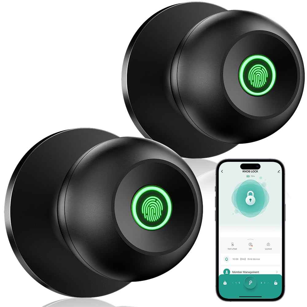 Fingerprint Door Lock, Smart Fingerprint Door Knob with Lock, Biometric Door Locks with App Control & Key, Keyless Thumbprint Entry Door Locks for Bedroom, Front Door,Home,Office-2 Pcs-Polished Black