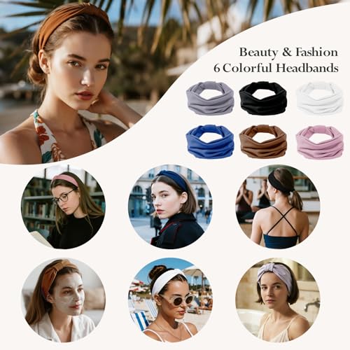 HSEM 6-Pack Wide Non-Slip Elastic Headbands for Women - Grey, Navy, Brown, White, Pink, Black