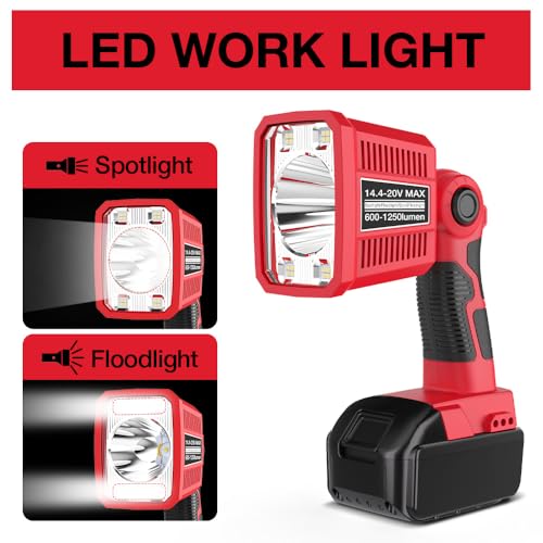 DTEZTECH Red 18W LED Work Light for Milwaukee M18 18V Battery, 1250LM Spotlight & Floodlight with USB, Pivoting Head