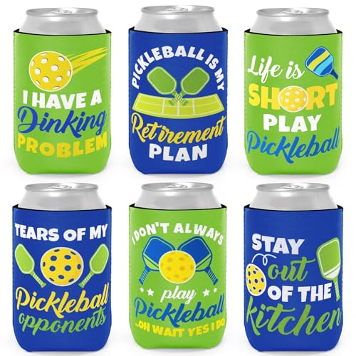 Green & Blue Pickleball Can Coolers 6-Pack Neoprene Bottle Insulators for Party & Gifts
