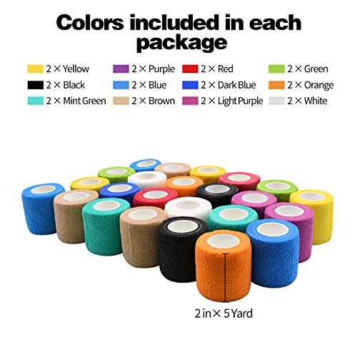 24 Pack Multicolor 2in Self Adhesive Bandage Wraps for Sports & Pets, 5 Yards