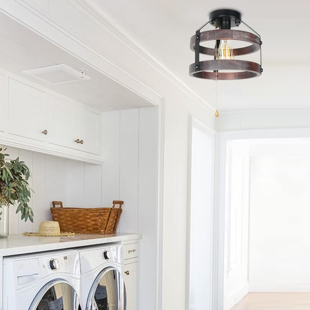 Farmhouse Flush Mount Ceiling Light with Pull Chain, 1-Light Small Wood Rustic Close to Ceiling Light Fixture Pull String Country Home Lighting Edison E26 8060PC