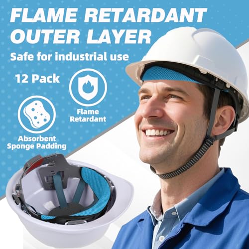 Hard Hat Sweat Bands 12Pcs, Innovative 3-Layer Fabric Sweatbands for Hard Hats Washable, Reusable Cotton Hard Hat Liner for Softness and Comfort,Sponge Hardhat Sweatband for Welding Helmet (Blue)