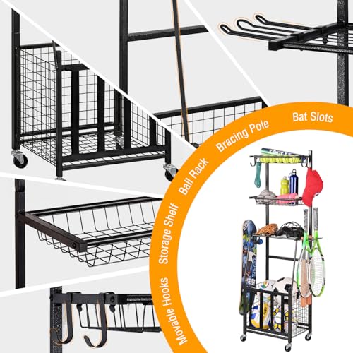 Vertical Sports Equipment Storage Rack with Hooks and Baskets