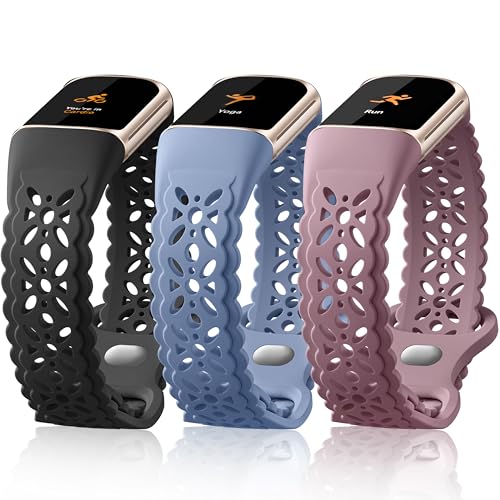 Maledan Floral Lace Silicone Watch Bands for Fitbit Charge 5/6, Black/Blue Gray, 5.5-8.2 inch Wrist