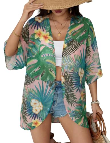 Floral Chiffon Beach Cover Up Kimono Cardigan - Pink Tropical, Medium