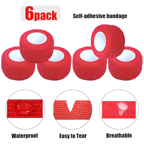 Self-Adhesive Cohesive Bandage Wrap - 1 Inch x 5 Yards - 6 Pack - Red