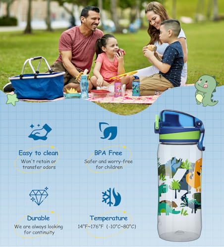 Kids Water Bottle - Leak Proof Flip-Top Lid, 17oz - Transparent Dinosaur