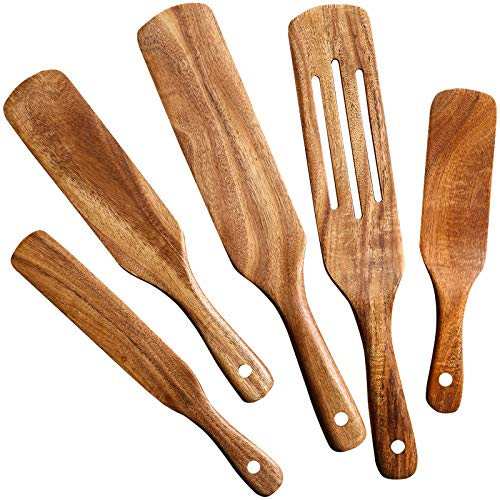 QWKIT 5Pcs Natural Teak Wood Spurtle Set - Nonstick Kitchen Utensils for Cooking