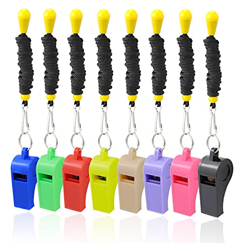 8 Pack Colorful Whistles with Lanyards - Loud & Clear Sound