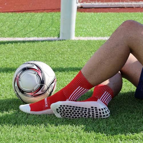 Kids Soccer Grip Socks - Anti-Slip Performance Socks, Red, 4-Pack