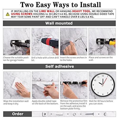 2 Pack Mop and Broom Holder Wall Mount, 5 Racks and 4 Hooks Broom Organizer Storage Tool Racks Stainless Steel Heavy Duty Hooks Self Adhesive Solid Non-slip for Home Kitchen Garden Laundry Garage