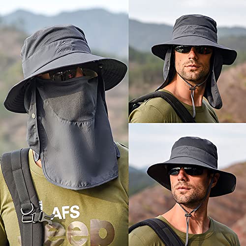 Wide Brim Sun Hat for Men Women - UV Protection with Face Cover & Neck Flap - One Size Dark Grey