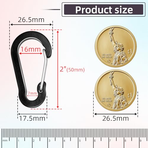 2-Inch Aluminum Carabiner Clips - 10-Piece Set - Small Black Keychain Hooks