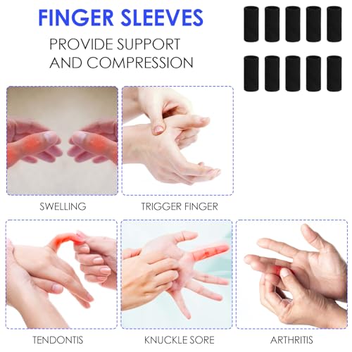 10-Pack Finger Sleeves and Support Braces for Pain Relief - Black
