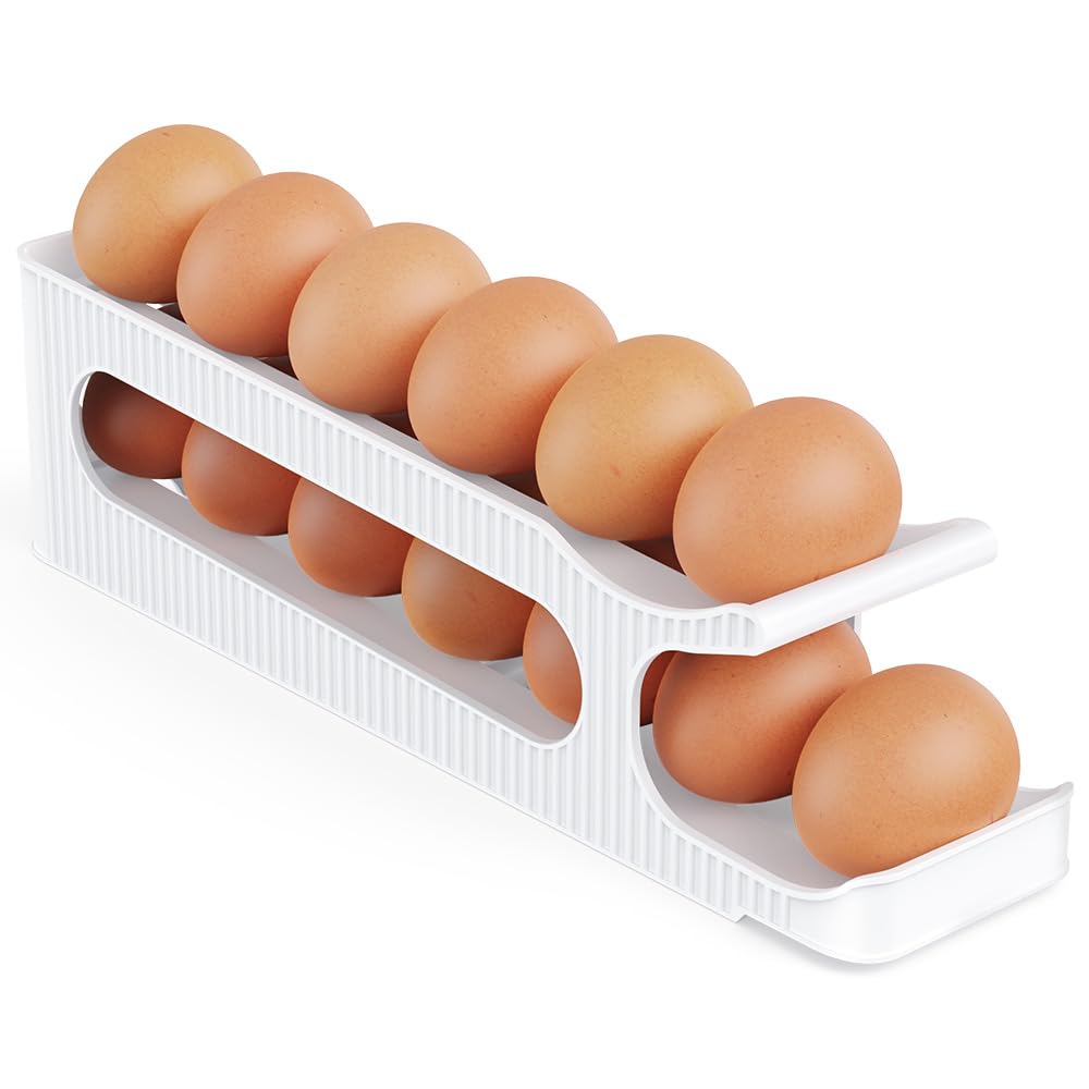 Egg Holder for Fridge, 2 Tiers Auto Rolling Egg Storage Organizer for Refrigerator, Slim Space Saving Container, Dispenser - Egg Roller for Eggs 12 Count