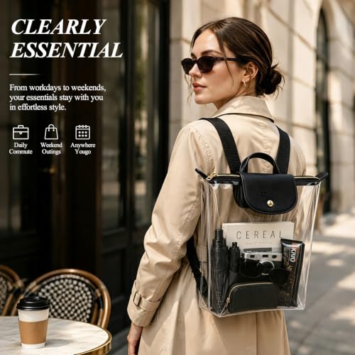 AKAIXI Clear Backpack with Leather Front Flap, Stadium Approved – Black