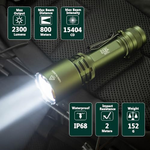 N50t V2 Rechargeable LED Flashlights High Lumen, 2,300 Lumens, Long Throw Tactical Flashlight Super Bright, Powerful Flashlight 3 Modes Flash Light for Emergency, Camping, Hiking (Green)