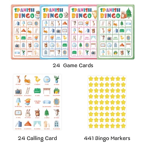 Bilingual Spanish Bingo Game - 24 Cards & Markers