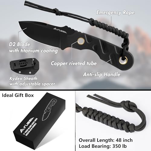 FLISSA 7-inch Full Tang Fixed Blade Survival Knife with Kydex Sheath & Emergency Rope