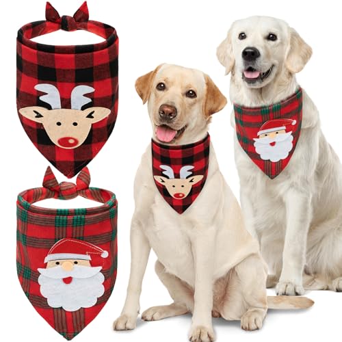 Christmas Dog Bandanas - 2 Pack Santa Claus & Elk, 100% Cotton
