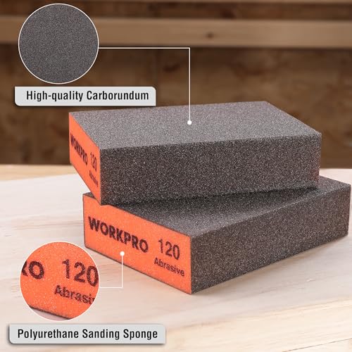 WORKPRO Sanding Sponge, 8 Pack Wet and Dry Dual-use Sanding Block, 60/80/120/220 Grit Assortment, Reusable Sandpaper Block for Wood, Metal, and Drywall