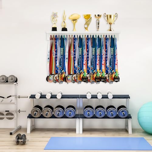 Wooden Medal Hanger Display with 49 Hooks - Trophy Holder Shelf