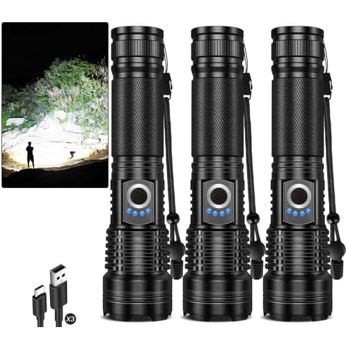 Flashlight Rechargeable 99,000 High Lumens - 3 Pack Super Bright LED Flash Light for Home Camping, Handheld Waterproof Linterna with 5 Modes & Adjustable Function
