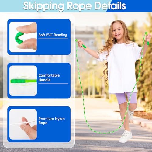 Adjustable Jump Rope for Kids - 9 Ft Soft Beaded - Green, Pink, Blue