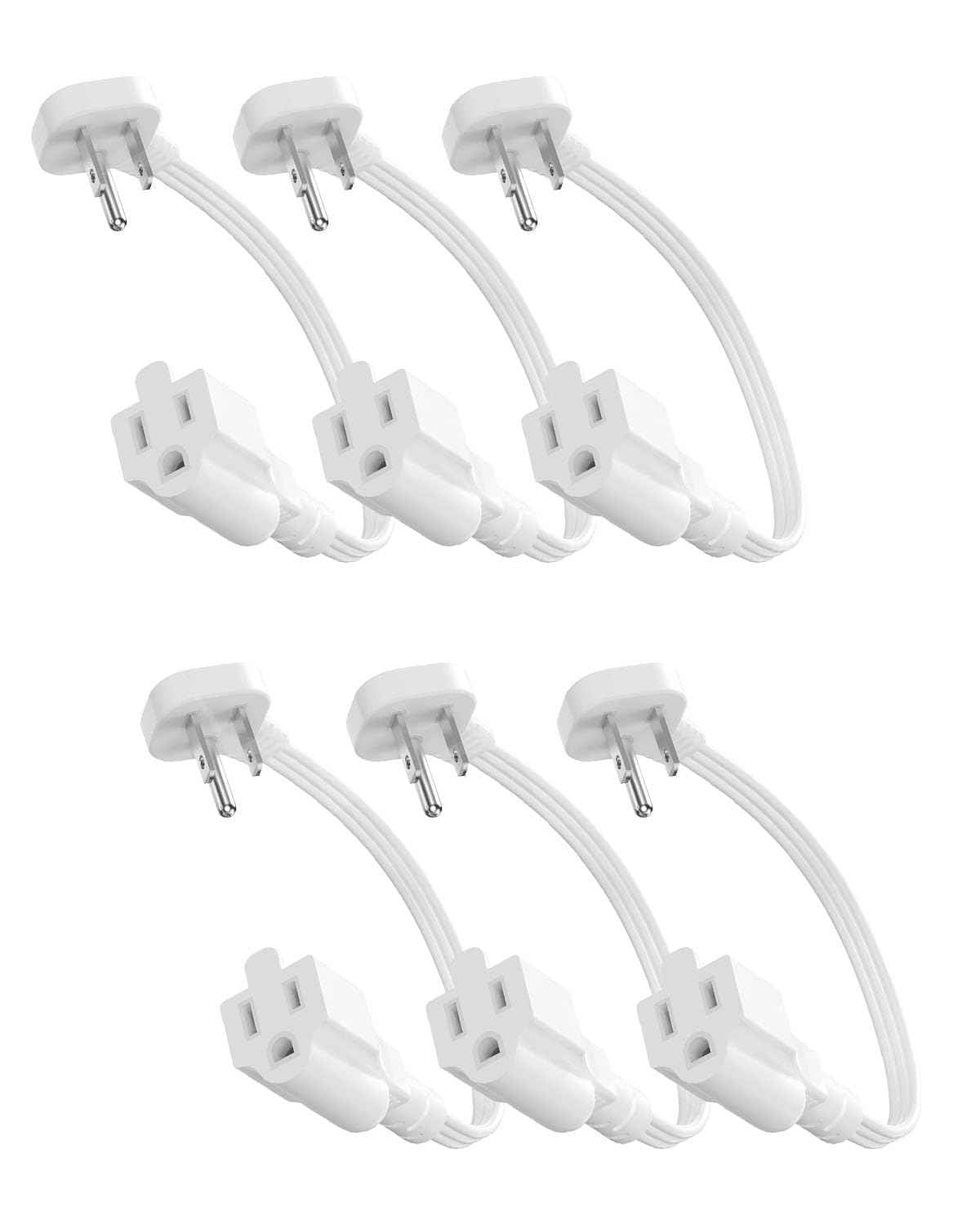 Flat Plug Short Extension Cord 1Ft White Low Profile Adapter 3 Prong Indoor Small Grounded Power Cable Outlet Saver 16AWG 13A 1625W 6 Pack