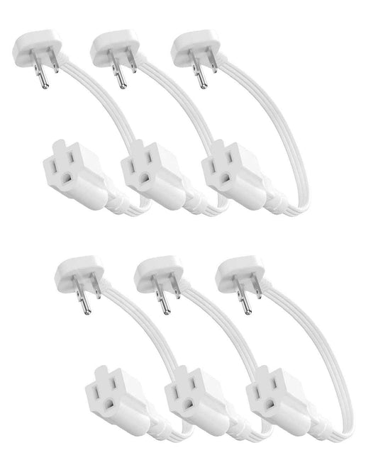 Flat Plug Short Extension Cord 1Ft White Low Profile Adapter 3 Prong Indoor Small Grounded Power Cable Outlet Saver 16AWG 13A 1625W 6 Pack
