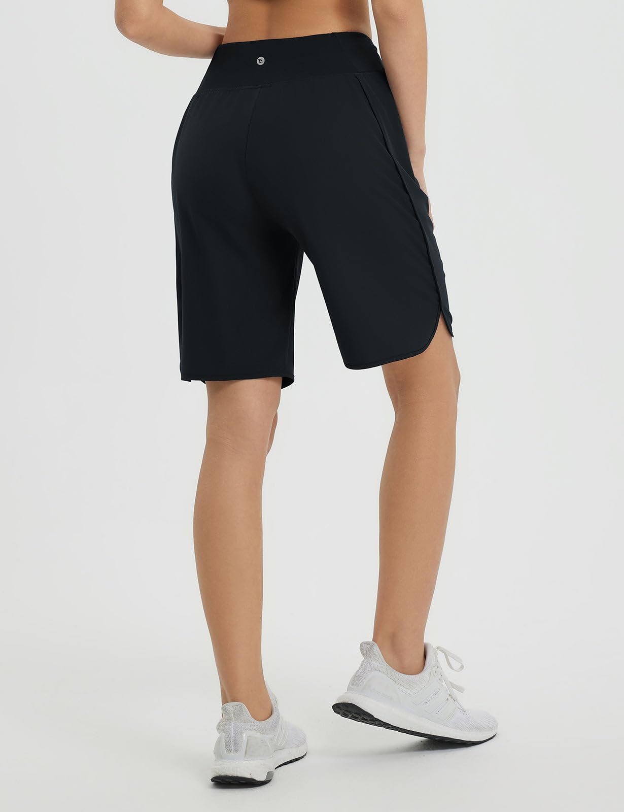 baleaf Women's Bermuda Long Shorts 9" Above Knee Length High Waisted Athletic Running Shorts with Zipper Pockets Quick Dry Loose Casual Summer UPF 50+ Black M