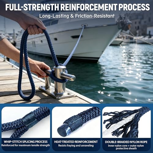 Boat Dock Lines 2 Pack 3/8" x 15' - Boat Ropes for Docking with Loop, Marine- Grade Double Braided Nylon Dock Line, 3/8 Nylon Rope for Mooring, Towing, and Anchoring, Boat Gifts for Men (Navy Blue)