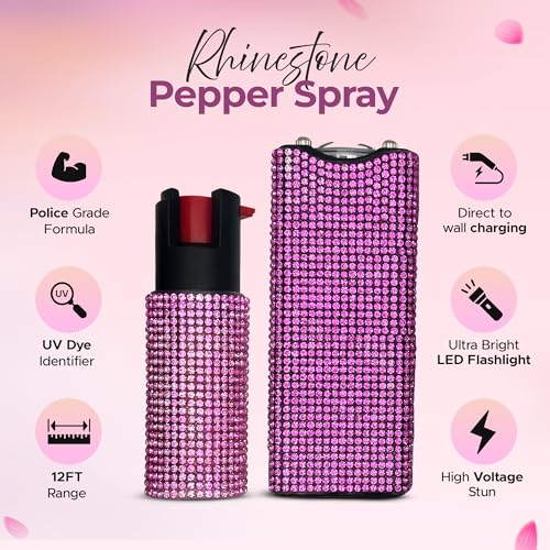 FURY Gem Stone Pepper Spray Stun Gun Combo ? Stylish Multi-Color, 12ft Range, UV Dye Identifier, Flashlight, Rechargeable, Self-Defense Kit, Personal Safety, Rhinestone casing
