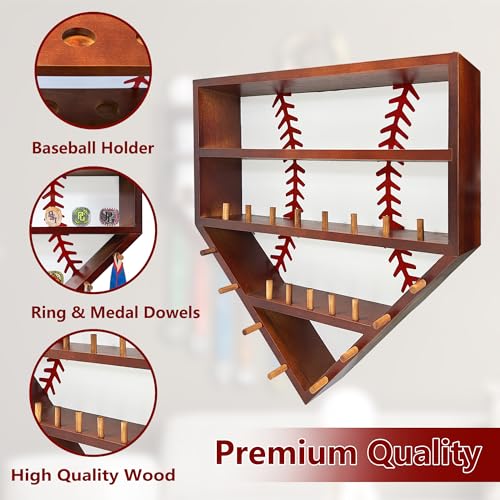 Walnut Baseball Display Case - Wall-Mounted Shelf for 10 Balls, 13 Rings & 8 Medals (Montex)
