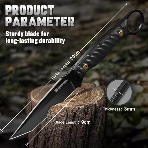 DRGSKL Fixed Blade Camping Knife with Sheath - Black, Full Tang, G10 Handle