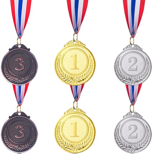 6pcs Gold Silver Bronze Award Medals 2 Inch with Ribbons for Competitions & Celebrations