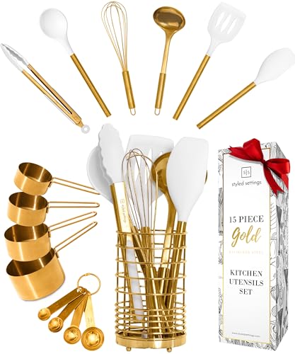Styled Settings 15-Piece White & Gold Kitchen Utensils Set with Holder