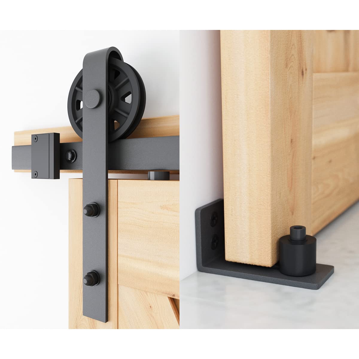 SMARTSTANDARD 10ft Heavy Duty Sliding Barn Door Hardware Kit, Black, (Whole Set Includes 1x Pull Handle Set & 1x Floor Guide) Fit 60" Wide Door Panel (Big Industrial Wheel Hangers)