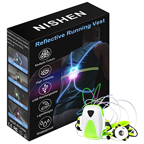 Ni-SHEN Green Reflective Running Vest with Front LED Light for Night Safety