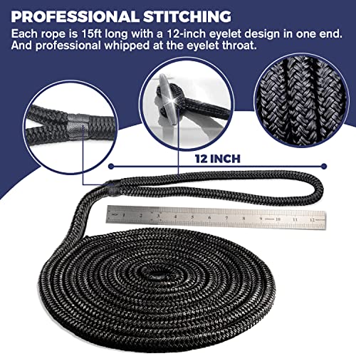 ACY Marine Double Braided Nylon Dock Line 1/2-Inch x 15 Feet Black - Reinforced Boat Rope for Mooring