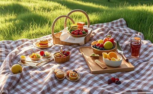 Wind Tour Waterproof Picnic Blanket 59x71 inches, Foldable Sandproof Outdoor Mat with Carry Strap, Coffee Grid Pattern