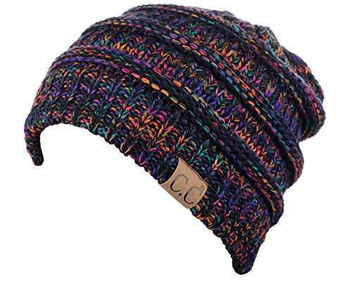 Warm Chunky Soft Stretch Cable Knit Beanie - Black Multi, One Size