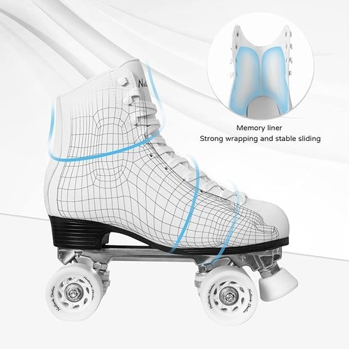 Roller Skates for Women with PU Leather High-top Double Row Rollerskates, Unisex-Adult Indoor Outdoor White Derby Skate Women Size 9 with Adjustable Fast Braking for Beginner