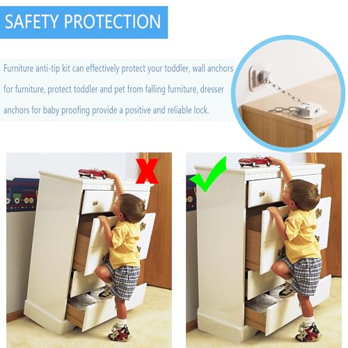 YEYA Upgraded Anti-Tip No Drill Furniture Anchor with 3M Adhesive 10" Adjustable Straps, Baby Proofing Wall Anchors for Child Safety, Playroom Essentials 4P