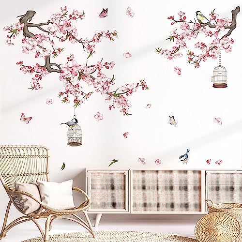 wondever Cherry Blossom Wall Stickers Pink Flowers Tree Branch Peel and Stick Wall Art Decals for Baby Nursery Bedroom